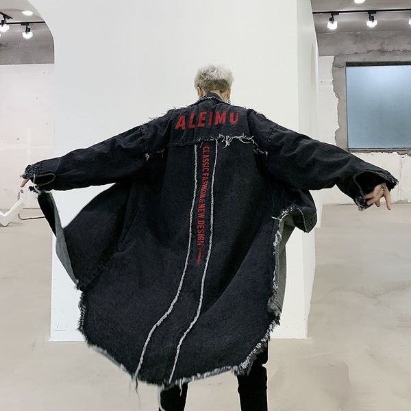 

2020 весна корейский стиль ретро ленивый джинсовой куртки желоб для мужчин длинные повседневный сыпучие denim ветровка пальто мужской одежды, Tan;black