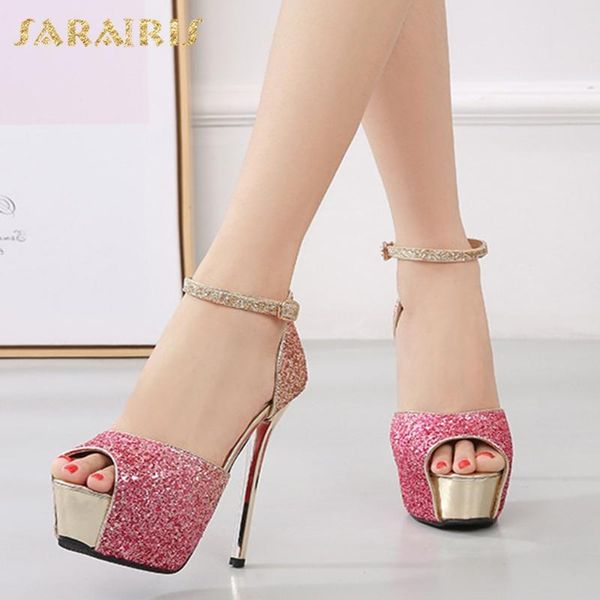 

sarairis 2020 new fashion sequined cloth summer sandals woman shoes platform thin high heels buckle strap party shoes women, Black