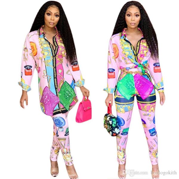 

fashion printed womens designer tracksuits lacing 2 piece pants autumn casual long sleeved lapel neck shirts suits fashion womens tracksuits, White