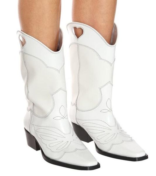 

black cut out embroidery knight boots square toe western style white leather half boots women 2019 stylish mid calf boots party shoes women