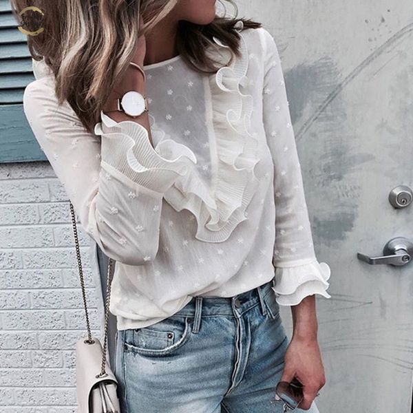 

women ladies casual ruffle lace polka dot o neck shirt flare sleeve blouse womens clothing blouse blusas female, White