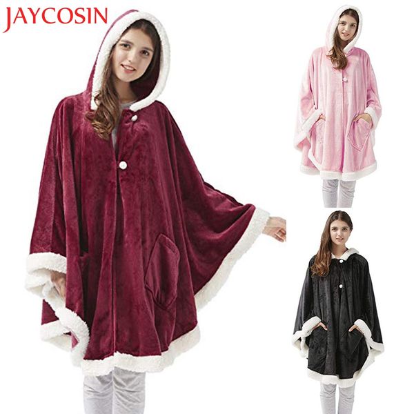 

jaycosin women winter warm overcoat cute button down plush hooded throw wrap wearable blanket cover coat dropship dec.1, Black