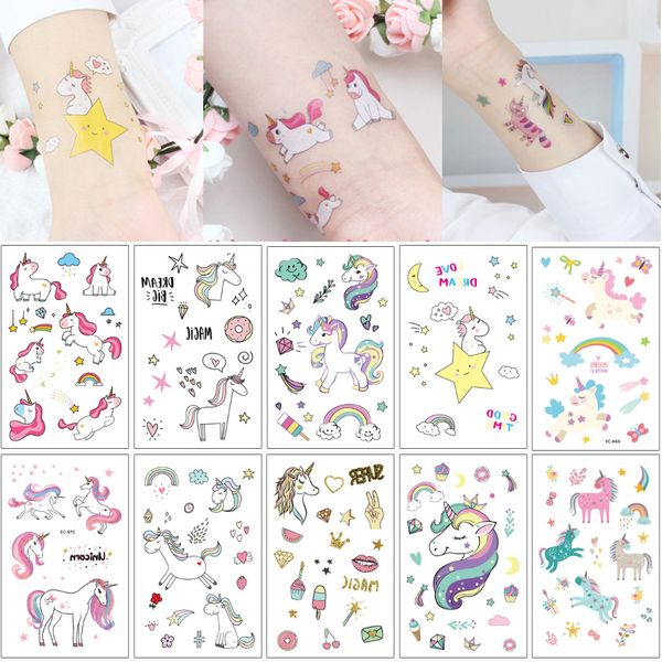 Waterproof Temporary Unicorn Horse Tattoo Fake Cartoon Cute Kid Body Art Makeup Tattoos Sticker Star Rainbow Diamond Butterfly Decal Designs