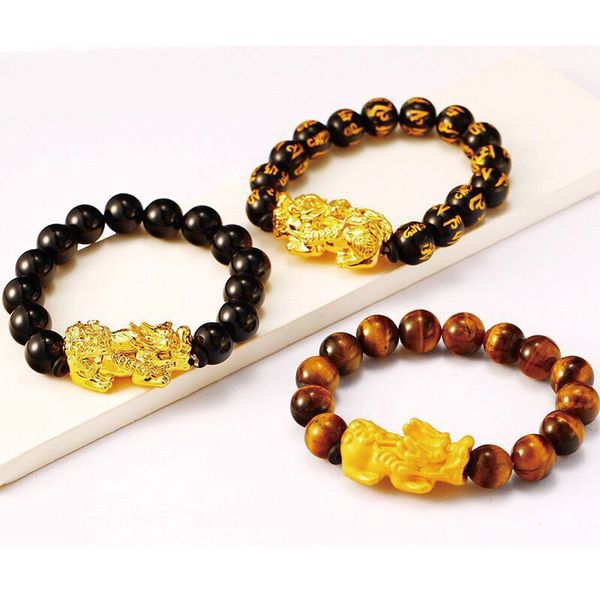 

mxgxfam brave troops beads bracelet for men women 24 k pure gold color fashion jewelry auspicious ancient animal, Black