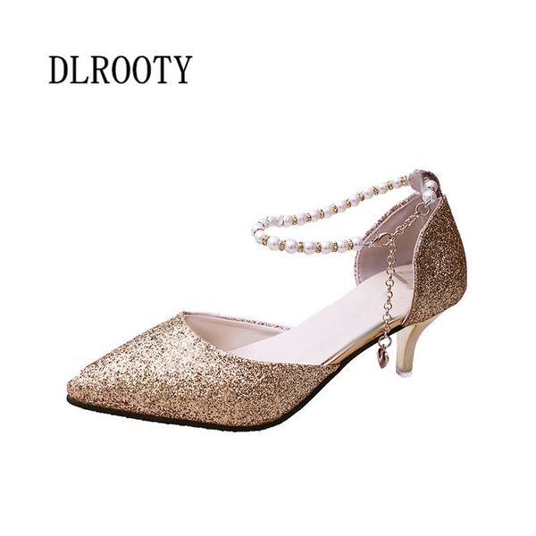 

women pumps high heels shoes 6 cm 2019 summer fashion bling pointed toe sandals thin heels string bead sweet wedding casual, Black