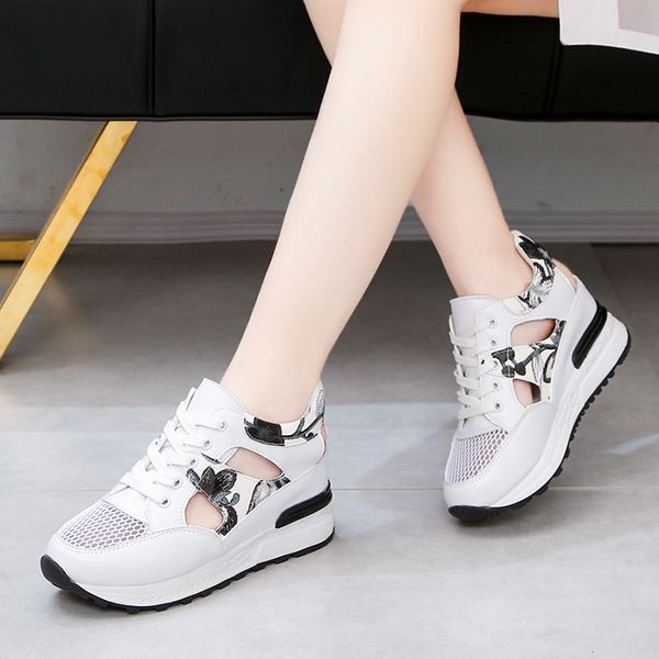 

dropshipping women's floral print wedge sandals hollow out mesh platform summer sneakers women hidden heels casual shoes woman, Black