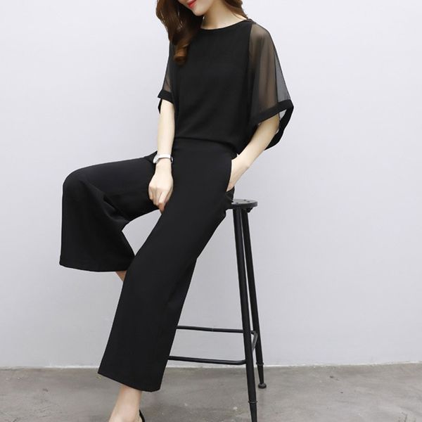 

2019 новых женщин способа o-образным вырезом высокой талией top + пят твердые штаны цвет черный шифон broad ноги брюки е, White