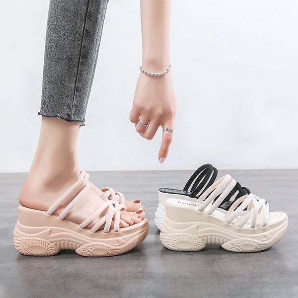 

on a wedge slippers casual female shoes flock slides med platform soft 2020 summer flat cross-tied basic fashion pu, Black