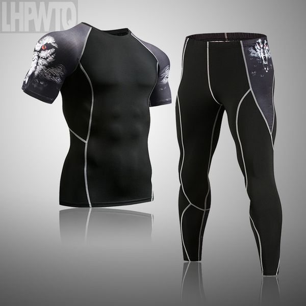 

men's running suit rashguard male kit compression clothing male short sleeves t shirt+leggings 2 piece tracksuit men, Black;blue