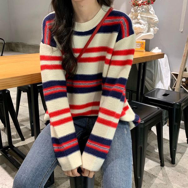 

2019 autumn and winter korean style basic loose stripe long-sleeve knitted sweaters womens sweaters and pullovers (c9341, White;black