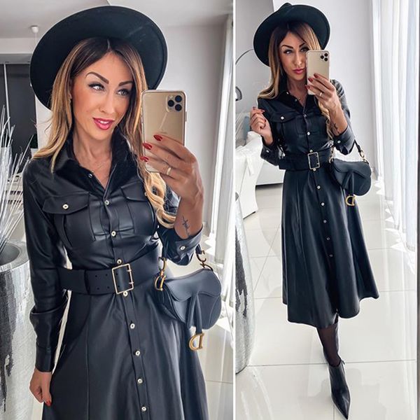 

leather shirts dress casual ladies lapel buttons black pu dresses with belt new spring autumn long sleeve women maxi dress d25, Black;gray