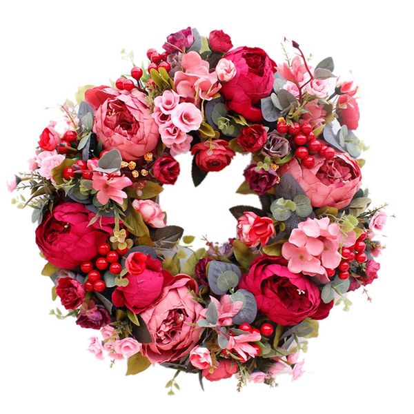 

decorative door wreath,silk flower peony head flower wreath 40cm handmade garland for autumn winter outdoor display red