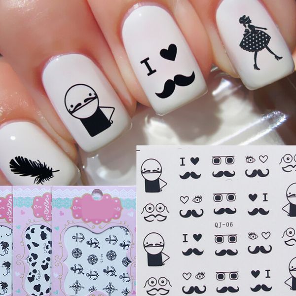 

pandahall 10sheets/lot nail art decals black and white feathers lace mustache design water transfer sticker manicure accessories