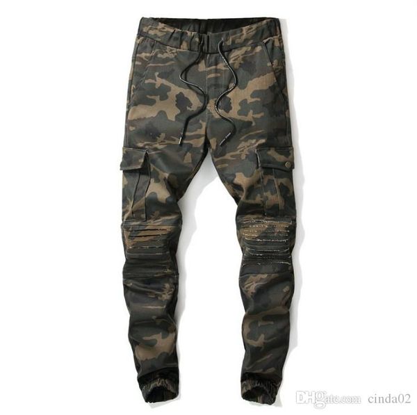 

new men's camouflage army green jeans slim fit multi pocket designer denim trousers for male elastic runway jeans, Blue