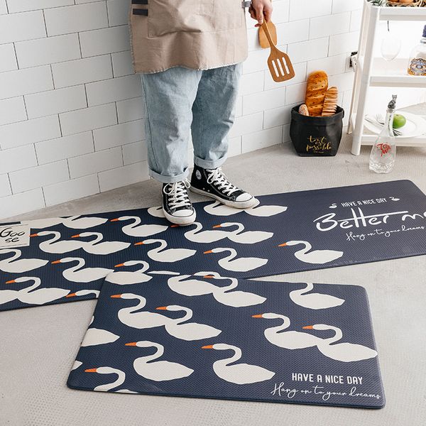 

white swan pvc leather rubber rug washable non-slip comfort resist fatigue area rugs mat for door/kitchen/hallway/entrance blue