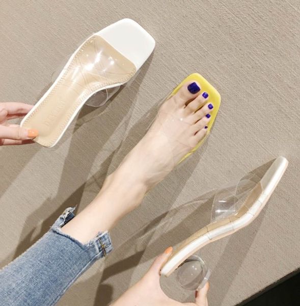 

square heel shoes med slippers casual big size string bead slipers women slides block luxury summer 2020 fashion pu hoof heels, Black