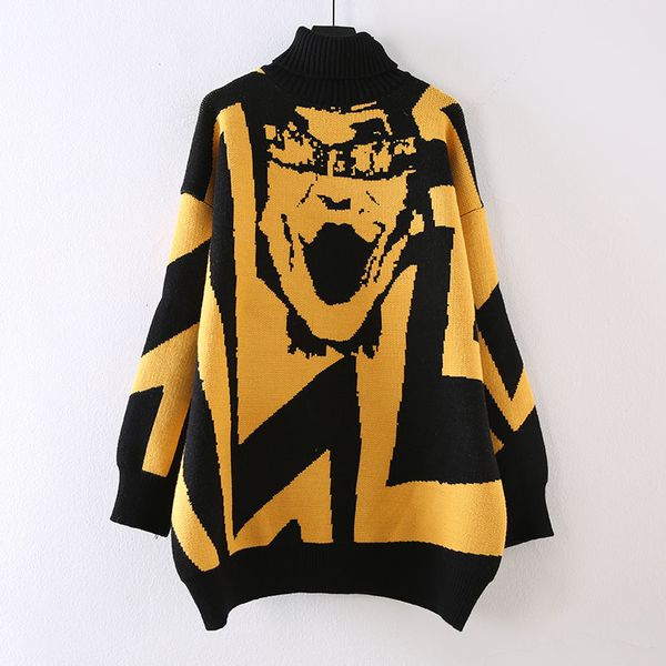 

2020 женщины печати зима перемычка крупногабаритные длинный свитер harajuku трикотажные топы дряблая повседневный водолазки пару свитер пуло, White;black