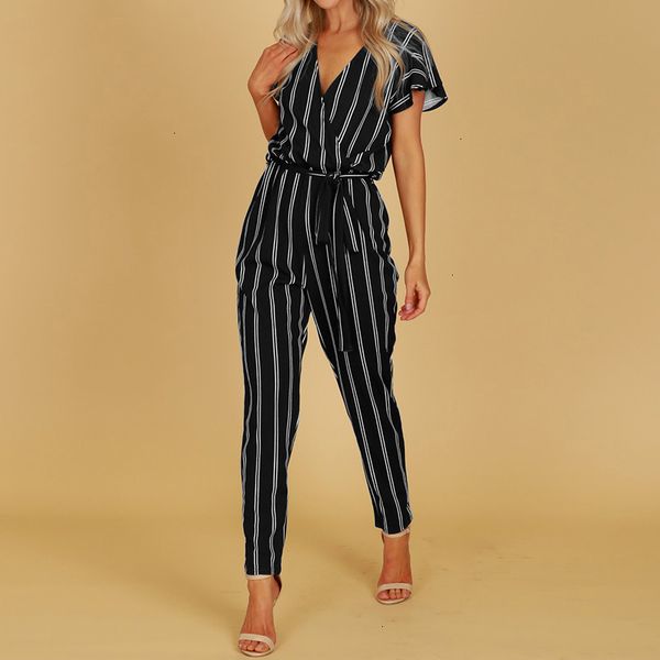 

plus size jumpsuit ladies 2019 elegant rompers women jumpsuit polyester pants office ladies bodysuits v neck belted summer trouser, Black;white