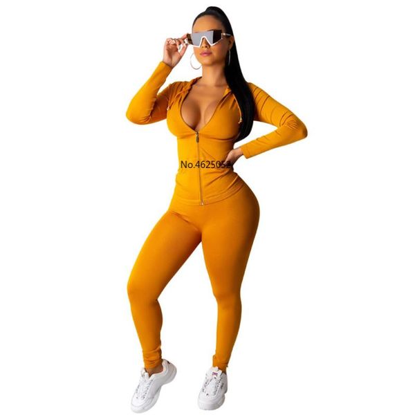 

2020 autumn women solid zipper up long sleeve hooded pencil pants suit two piece set casual sporting tracksuit outfit, White