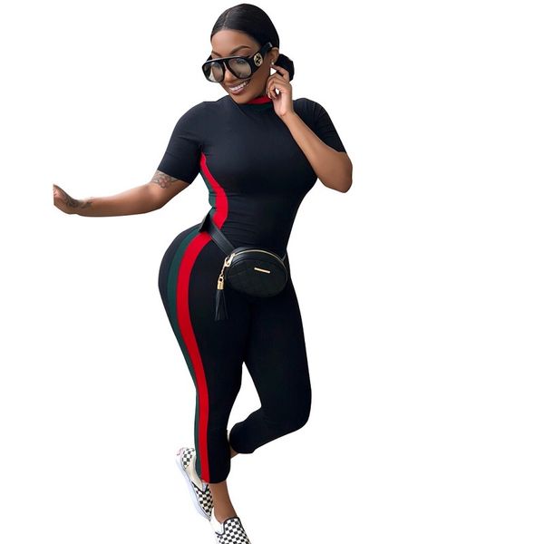 

Black Striped Bodysuit Woman Double Casual Bodycon Jumpsuit O Neck Short Sleeve 2018 Women Romper High Street Fit Slim Overalls