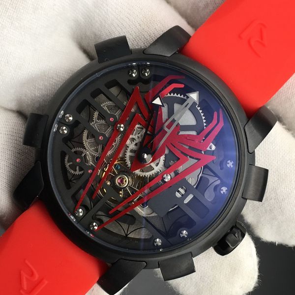 

new 3 colors luxury rj watch men spider skeleton dial black ss case mechanical wristwatch 46mm, Slivery;brown