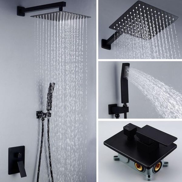 

2 way concealed in wall brass made black finish square shower faucet shower head and hand shower complete set