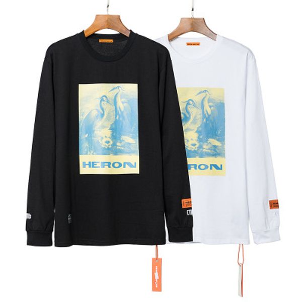 

brand designer new 19ss heron preston mens luxury vintage retro crane printing sweater pullover women loose long sleeve t-shirt men tee, Black