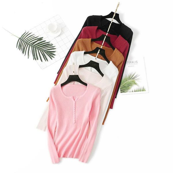 

sweater female 2019 autumn women's long-sleeved solid color pullover sweater female v button decorative slim bottoming shirt, White;black