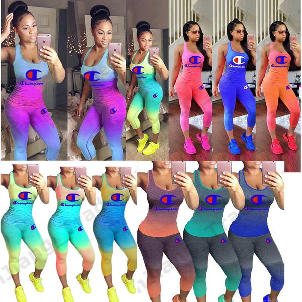 

Gradient color champion print track uit women 2 piece et outfit leevele tank ve t tight legging pant ummer port wear a41203