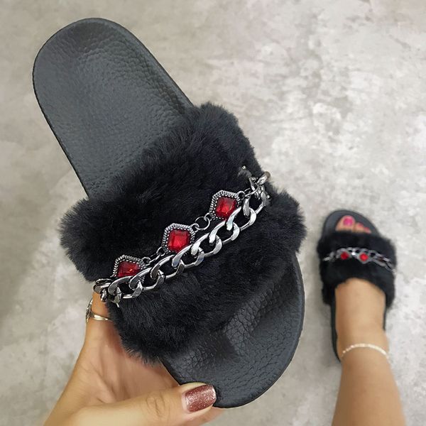 

plush chain roman rhinestone women sandals pu material plus size outdoor fashion women's slippers pvc flat beach slippers, Black