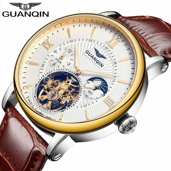 

2018 fashion guanqin mens watches brand luxury skeleton watch men sport leather tourbillon automatic mechanical wristwatch, Slivery;brown