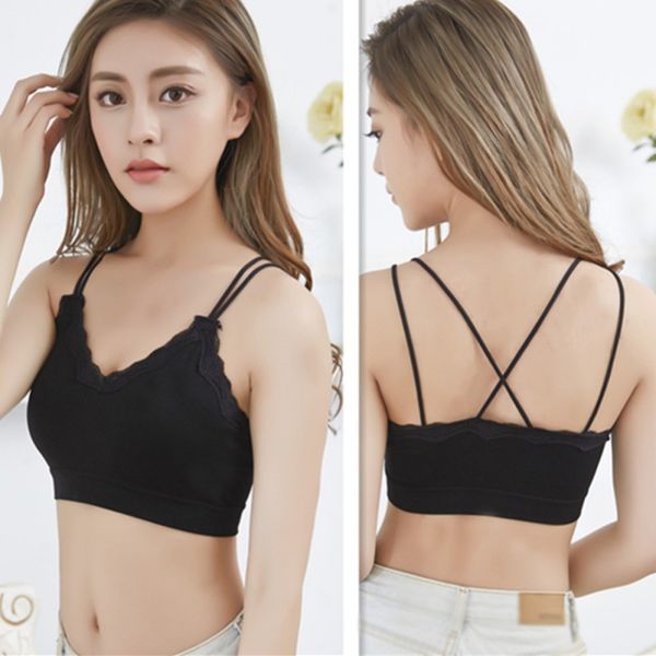 

seamless vest women wrapped chest bra lace-edge embroidered vest style back yoga bra comfortable breathable sports, White;black