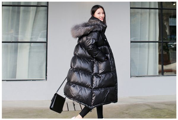 

fashion casual hat long style women's winter black loose faux fur collar coat waterproof padded windproof down jacket women
