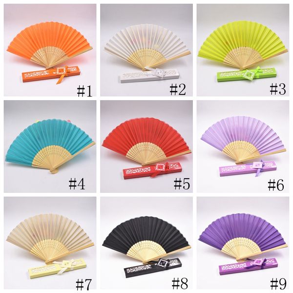 

silk fan fashion silk folding hand fans dance wedding party fold fan solid color fans gift paper box package novelty 12colors gga2581