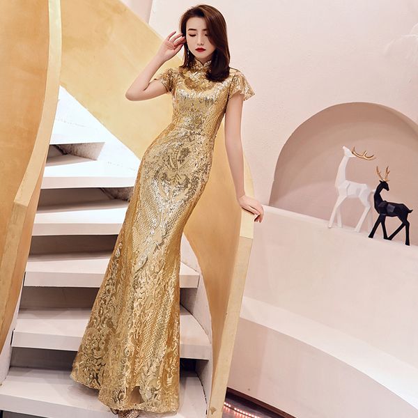 

plus size 3xl women cheongsam sequins maxi evening dress print flower golden vestidos de festa long luxury qipao mermaid dresses, Red
