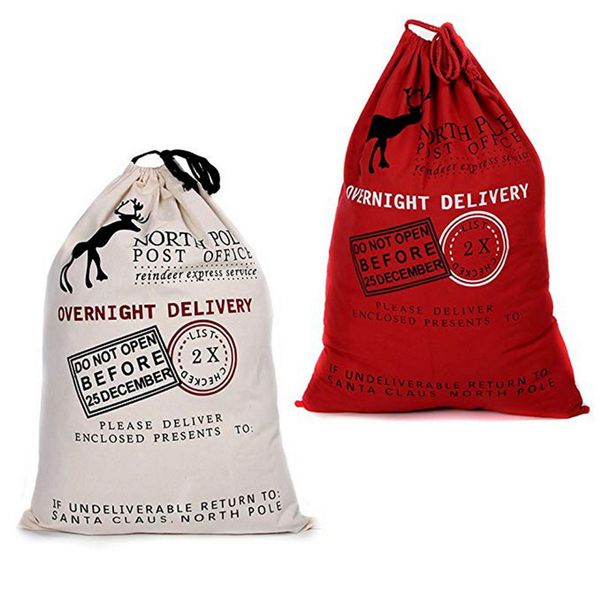 

1 pc new reusable large christmas sacks santa present bag with red drawstring shopping bag 50x70cm elk organic heavy canvas bags