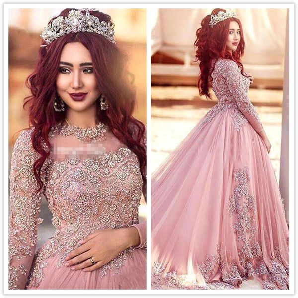

2019 long sleeves evening dresses princess muslim sequins beaded illusion puffy court train prom red carpet runway gowns, Black;red
