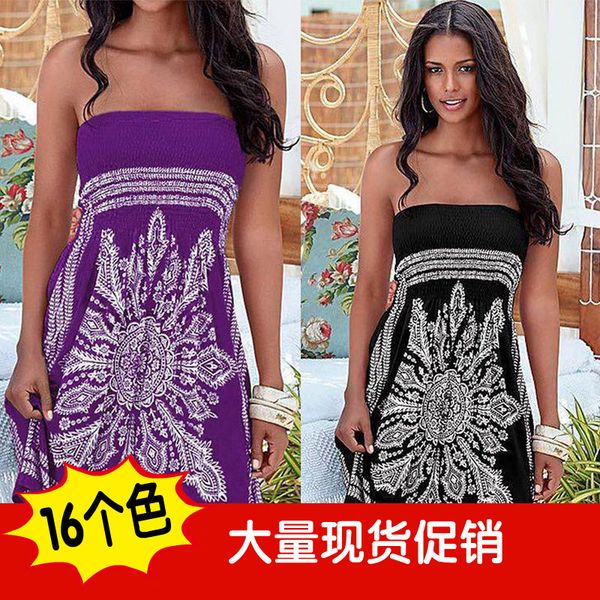 

chest-wrapped printed dress sleeveless shoulder-exposed national style women's dress, Black;gray