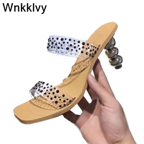 

women crystal studded sandals strange high heels clear pvc 2020 summer beach shoes dress party slippers slides for girls, Black