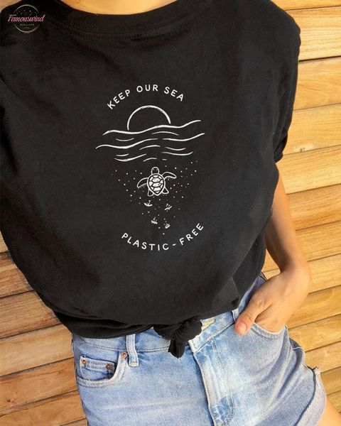 

keep our sea plastic t shirt stylish casual fashion tumble tee sunset ocean graphic turtle grunge camisetas, White