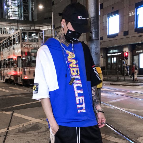 

2019 мужской тонкий хип-хоп с половинным рукавом летний уличный тренд в европе и америке лоскутное цвет балахон футболка размер s-2xl, White;black