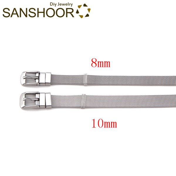 

sanshoor 8mm/10mm width stainless steel mesh armband keeper bracelet for women toddler diy family slide charms wristband set, Golden;silver