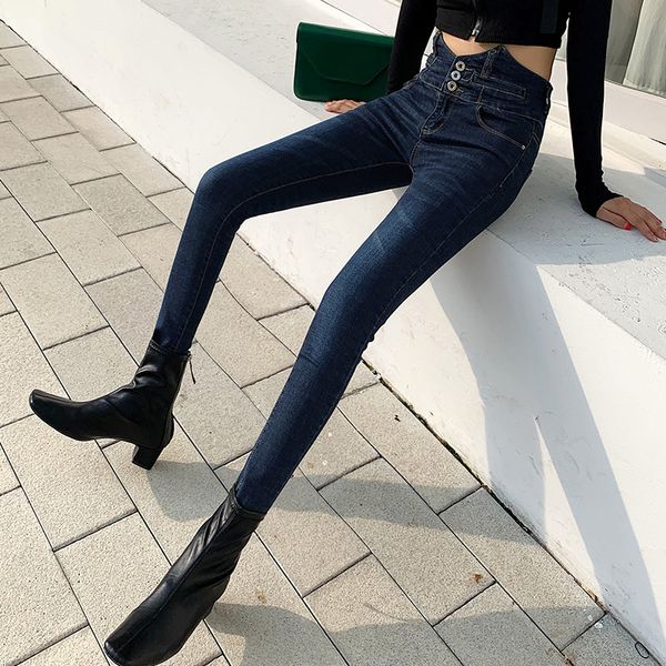 

autumn and winter new style jeans women's pants high-waisted buckle skinny pants slim fit slimming korean-style cowboy trousers, Blue