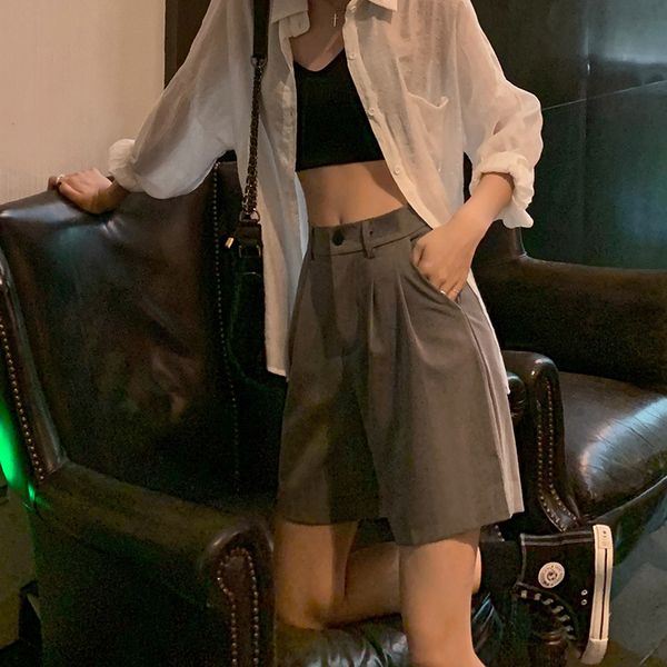 

summer 2020 new thin pants high waist wide leg casual five pants, Black;white