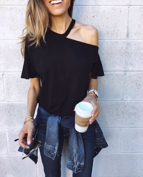 

womens summer tshirts v neck min solid color short sleeve bare shoulders womens casual women clothing, White