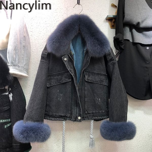 

real fur collar denim jacket women 2019 winter coat loose fur + faux liner detachable coat for women jacket, Black;brown