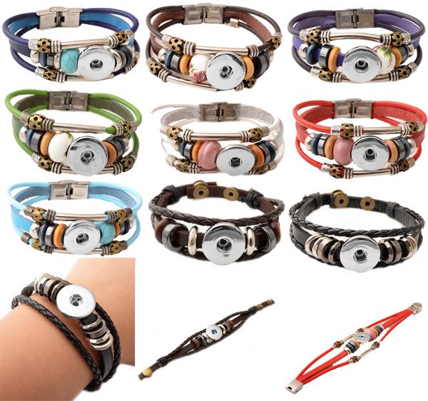 

100% leather retro handmade snap button charm bracelet jewelry fit 18mm snap button, Golden;silver
