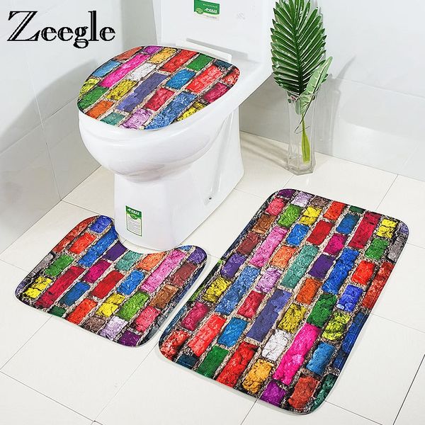 

zeegle non-slip bathroom mat stone brick printed bath mat 3pcs bathroom carpet set absorbent for toilet floor mats
