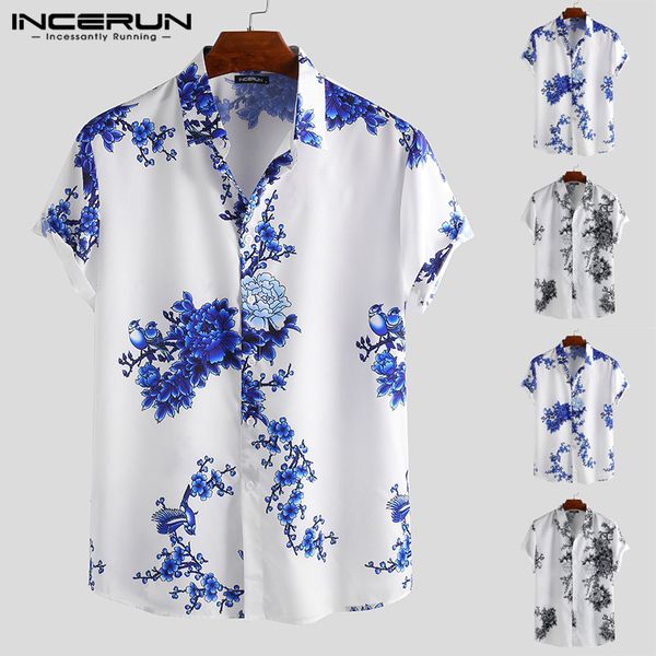 

incerun chinese style men shirt floral print lapel neck short sleeve slim fit retro men casual brand shirts 2019 camisa 5xl, White;black