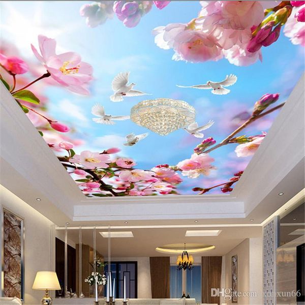 Custom 3d Wall Mural Beautiful Flowers Pigeons Blue Sky Suspended